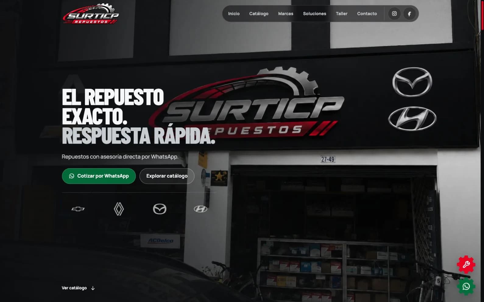 Página principal de SURTICP Repuestos con acceso al catálogo